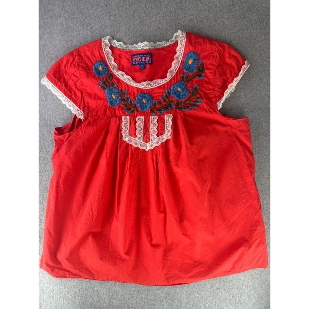Tracy Feith for Target Size XL Red Floral Embroidered Lace Trim Top Boho Mexican